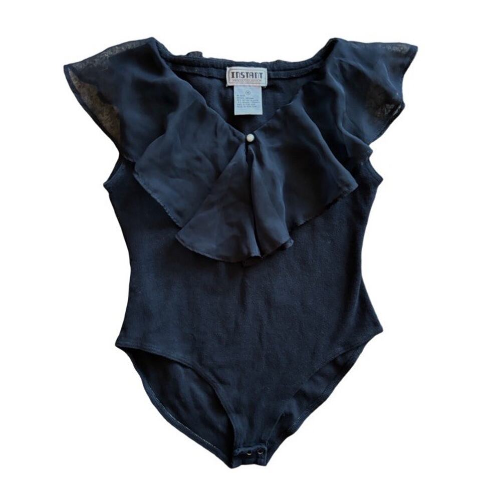 Instant Action Bodysuit Size Medium Vintage 90s Black Ruffle Sleeveless Pearl